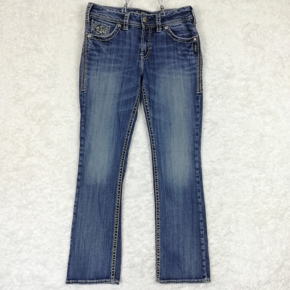 Silver Jeans Womens Suki 17" Boot Cut Flap Pocket Blue Denim Studded Mid Rise 29
